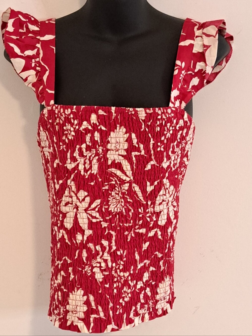 Old Navy Red Floral Square Neck Smocked Elasticized Ruffle Strap Tank Misses L - Picture 3 of 8